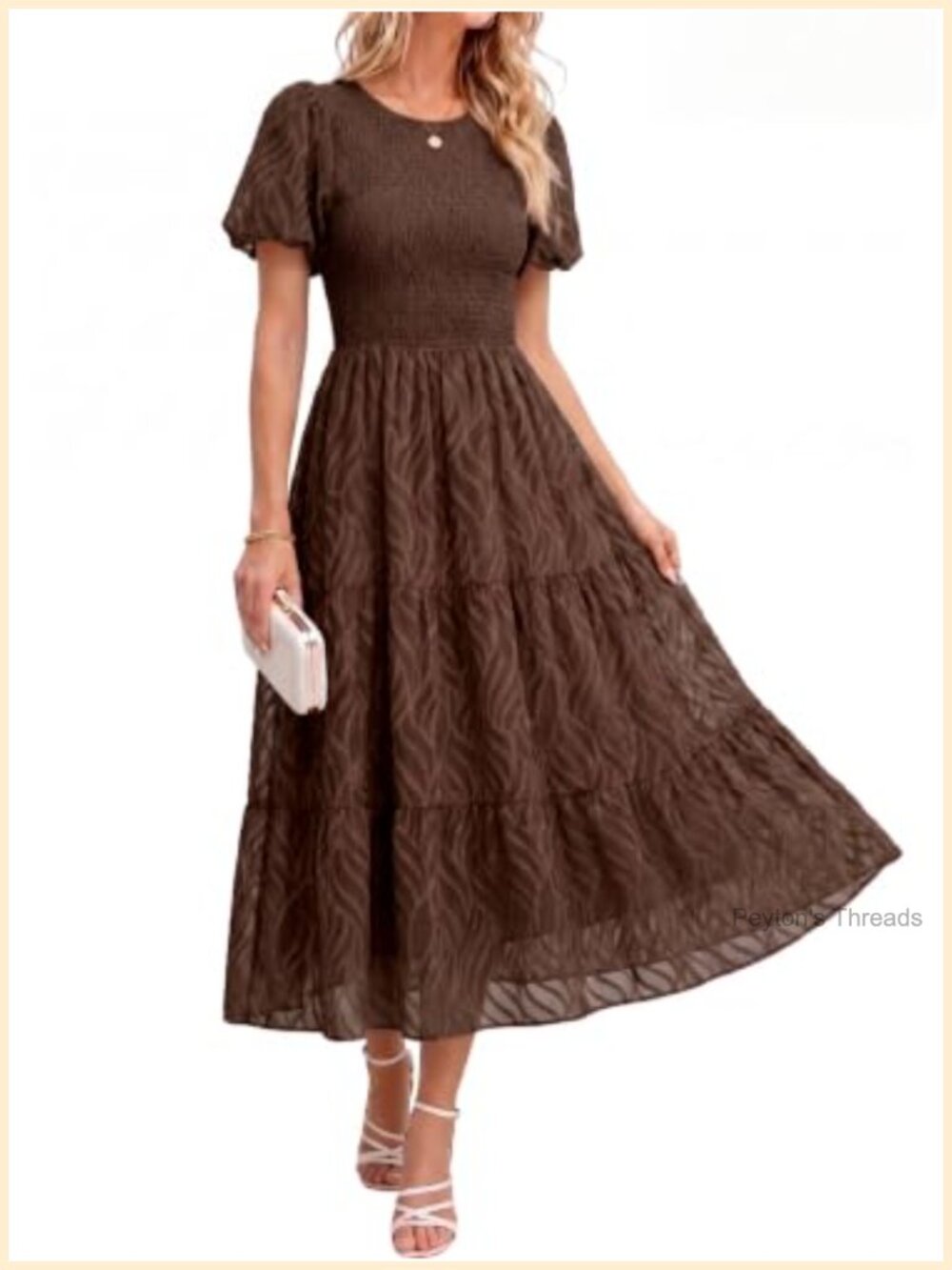 Women's Smocked Midi Dress - Chiffon, Short Puff Sleeves, A-Line, Wedding Guest